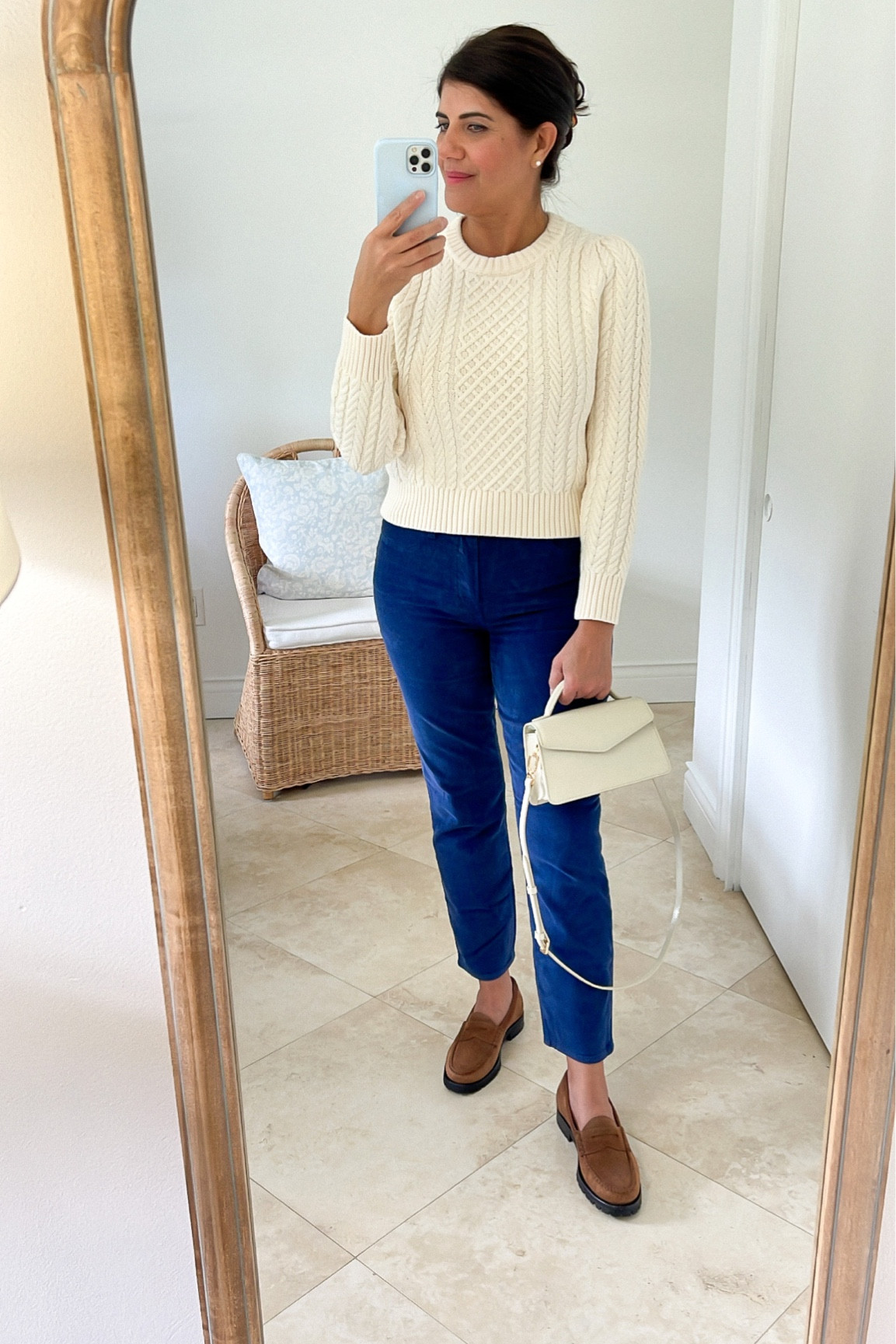 Fall outfit: cozy cable-knit sweater, navy corduroy pants, lug sole suede penny loafers, top handle bag

#LTKstyletip #LTKover40 #LTKshoecrush
