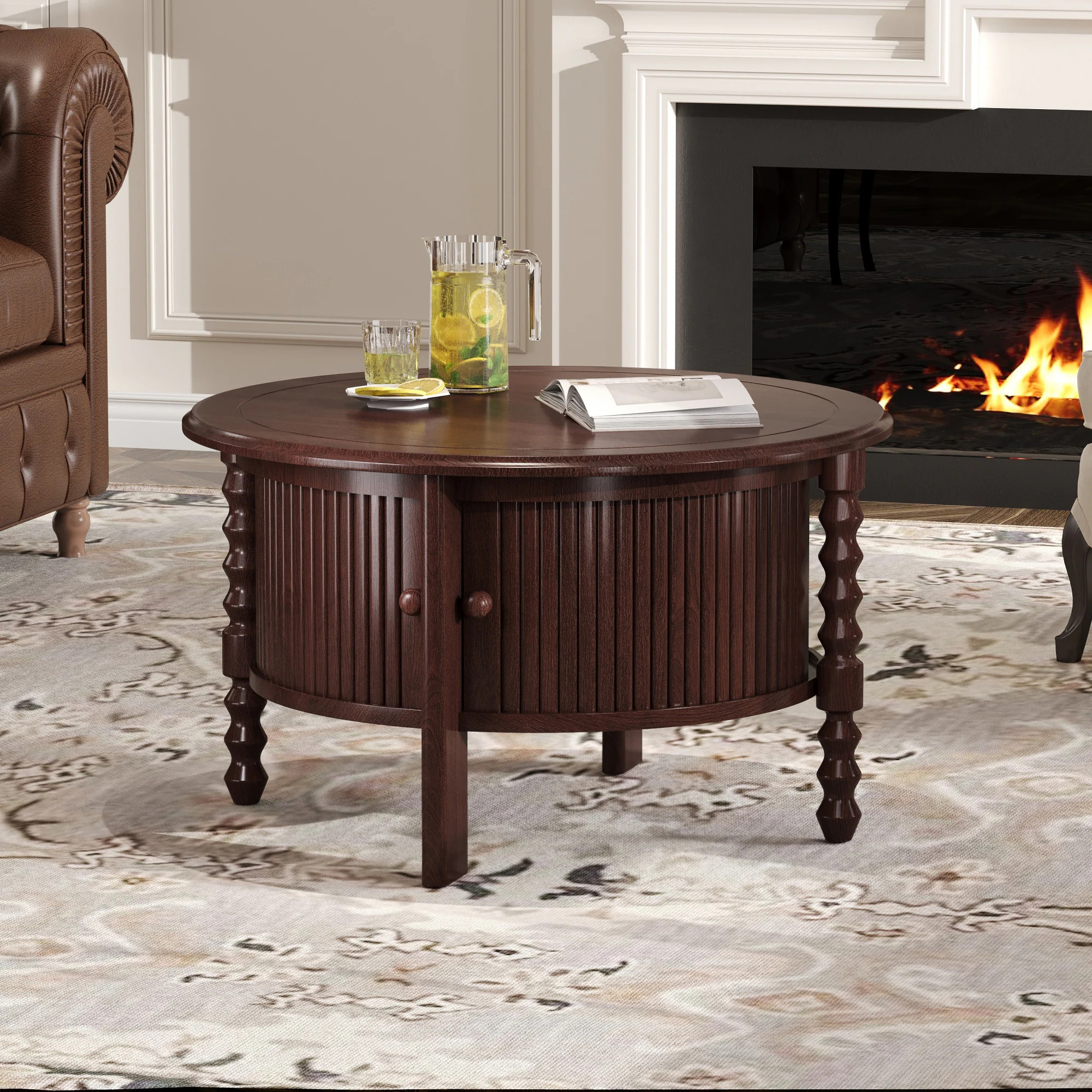 REIBII 30in. Vintage Round Coffee Table Mid Century Modern Style Walnut Espresso Finish with Sliding Door Storage Slatted Design Accent Table in Brown | Lowe's