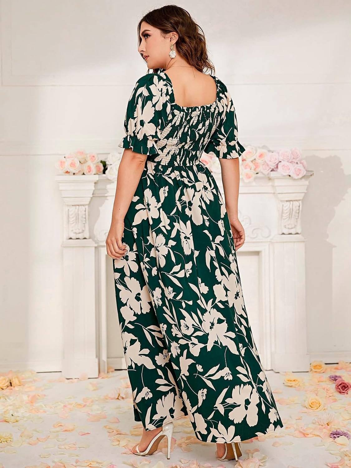 MakeMeChic Women's Plus Size Boho Floral Short Sleeve High Waist A Line Swing Maxi Dress | Amazon (US)