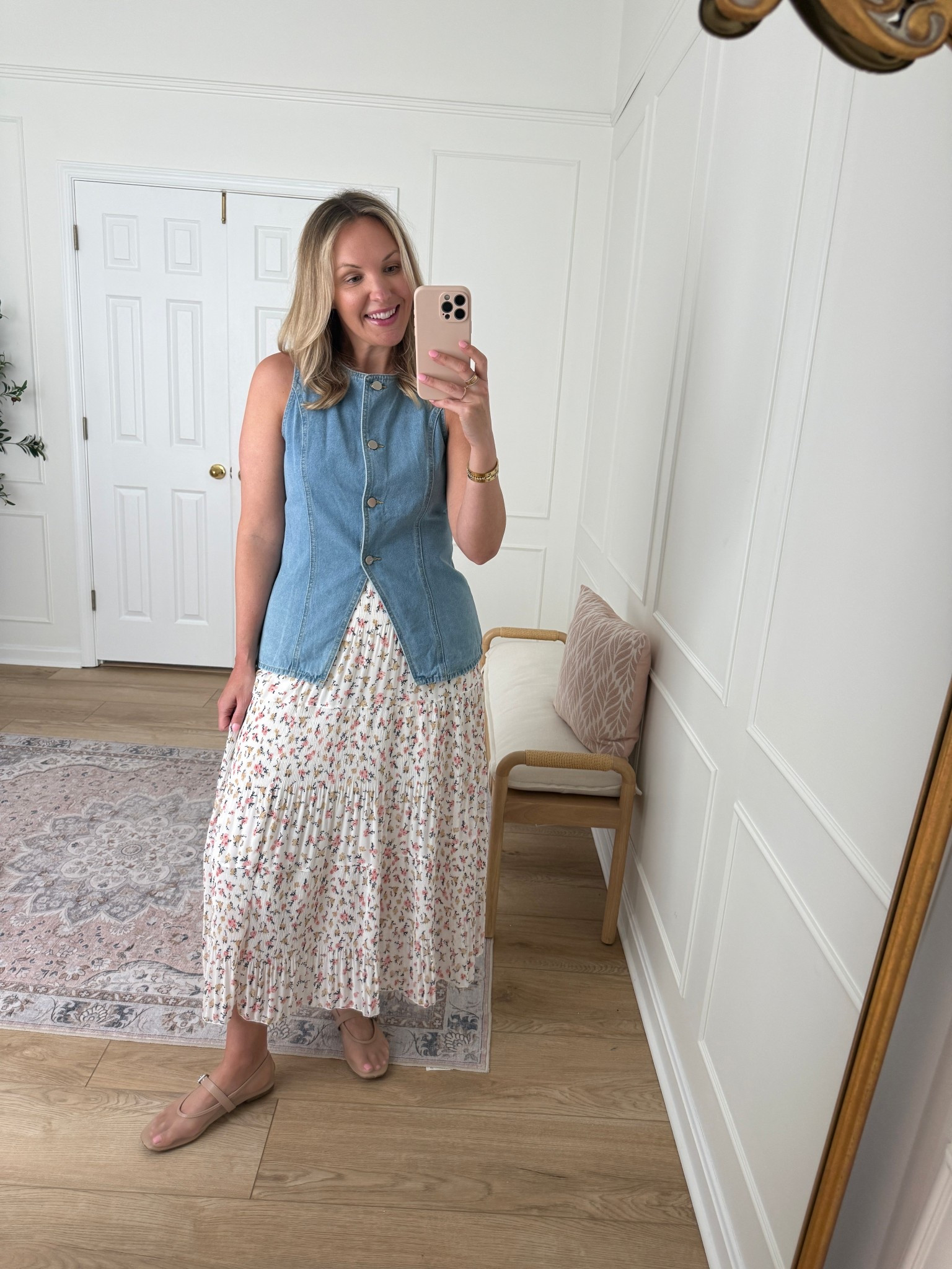 Casual spring outfit - wearing a med top and large in the skirt!