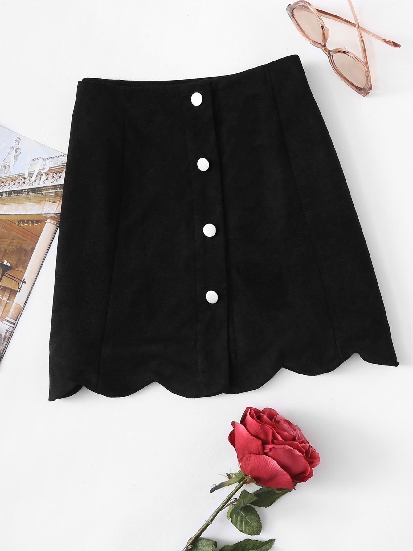 Scallop Hem Single Breasted Suede Skirt | ROMWE