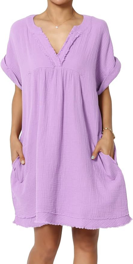 TheMogan Women's Casual Loose Short Sleeve V Neck Cotton Gauze Babydoll Shift Mini Dress | Amazon (US)