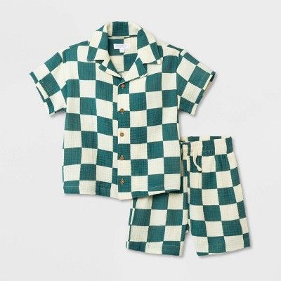 Grayson Mini Toddler Boys' Short Sleeve Checkered Button-Down Shorts Set - Green | Target