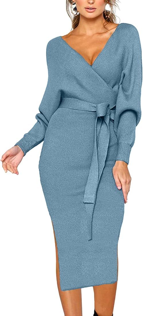 CHERFLY Women's V Neck Sweater Dresses Batwing Long Sleeve Backless Bodycon Dress with Belt | Amazon (US)