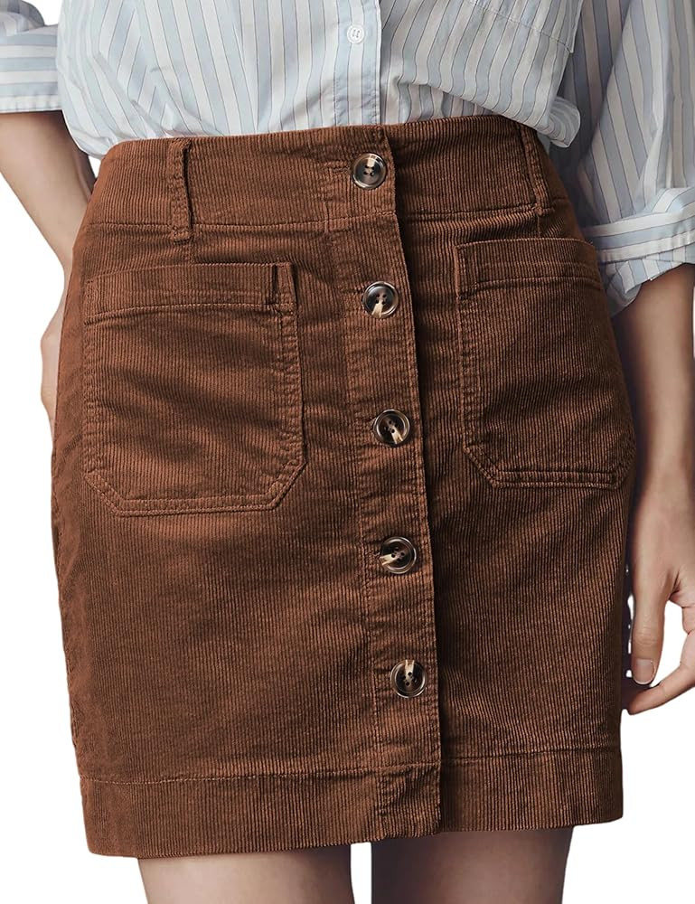 Dqbeng Women's Corduroy Mini Skirt High Waist Button Front A-Line Short Skirt with Pockets | Amazon (US)