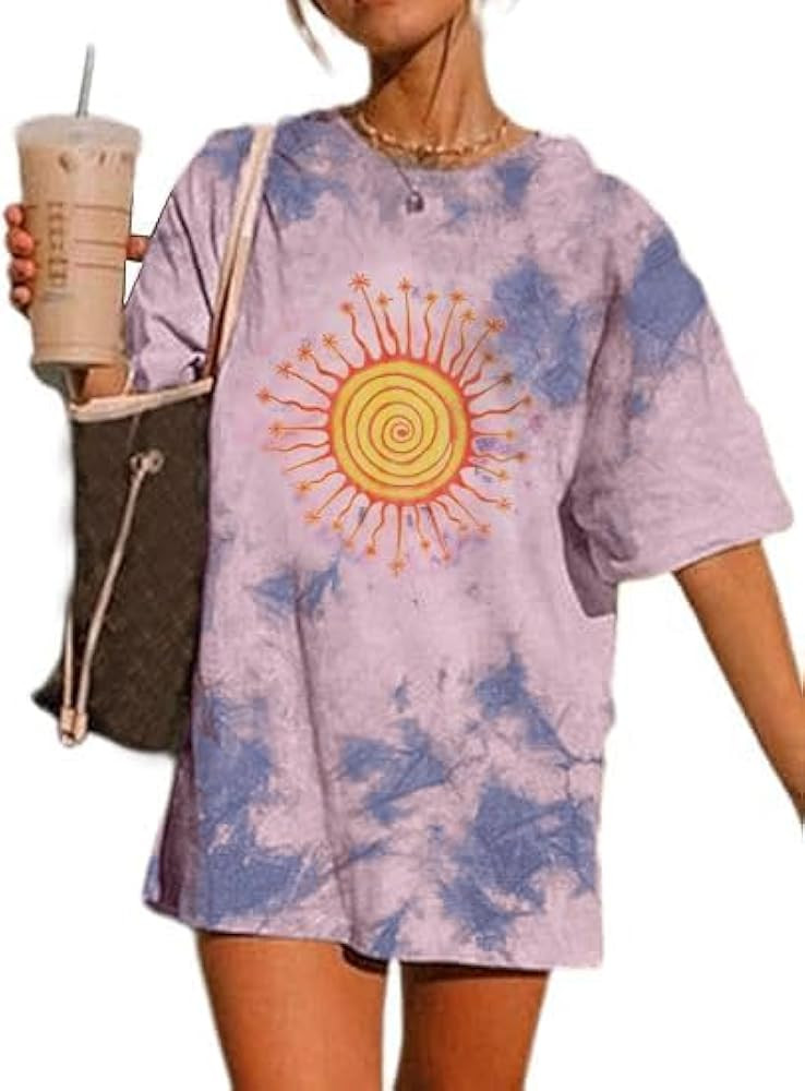 Remidoo Women's Casual Crewneck Short Sleeve Oversized T Shirt Rainbow Graphic Tees | Amazon (US)
