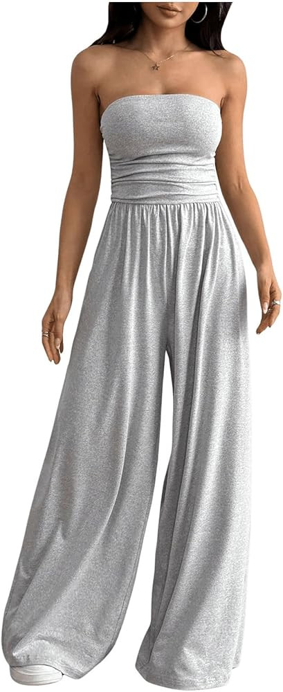 OYOANGLE Women's Strapless Jumpsuits Ruched Wide Leg Tube Romper Vacation Going Out Summer Outfit... | Amazon (US)
