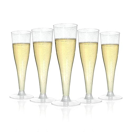 Bestluck 100 Pack Champagne Flutes Plastic, 4.5 oz Silver Glitter Plastic Disposable Stemware, Disposable Champagne Flutes for Party, Mimosa Bar, Wedding, Anniversary and Graduation | Amazon (US)