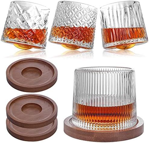 Whiskey Glasses-Premium 10 OZ Scotch Glasses Set of 4 with Wood Coasters, Spinning Old Fashioned ... | Amazon (US)