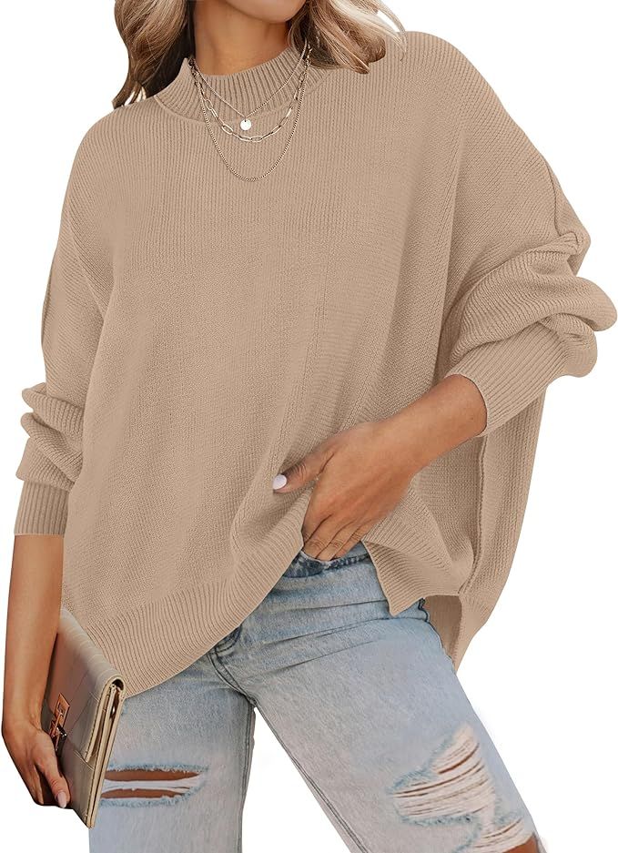 ZESICA Women's 2023 Fall Casual Long Sleeve Crew Neck Side Slit Oversized Ribbed Knit Pullover Sw... | Amazon (US)