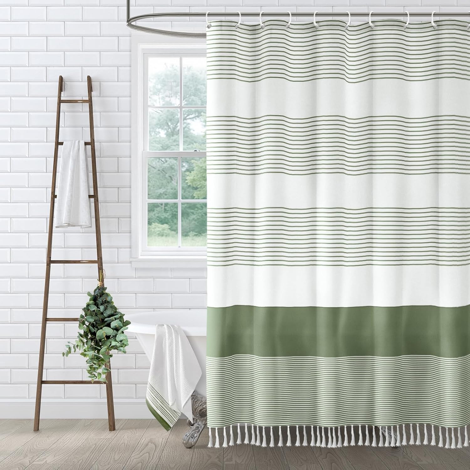 Sage Green Shower Curtain Cotton Boho Striped Shower Curtains for Bathroom with Tassel 72 X 72 | Amazon (US)