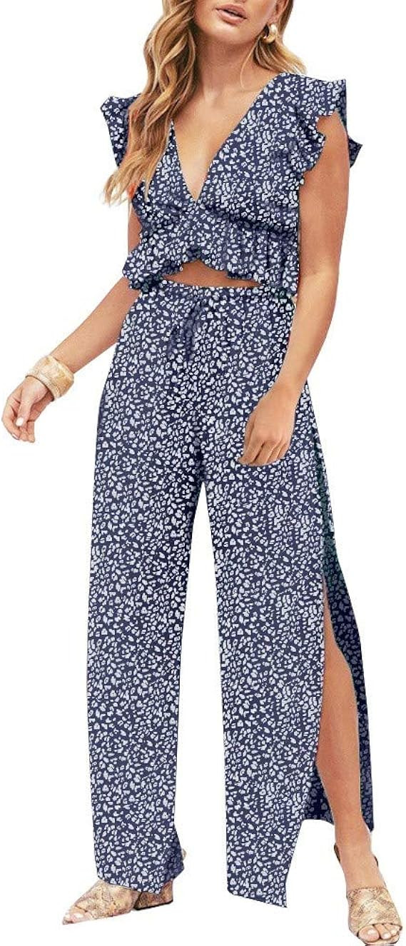 FANCYINN Womens 2 Pieces Outfits Deep V Neck Crop Top Side Slit Drawstring Wide Leg Pants Set Jum... | Amazon (US)