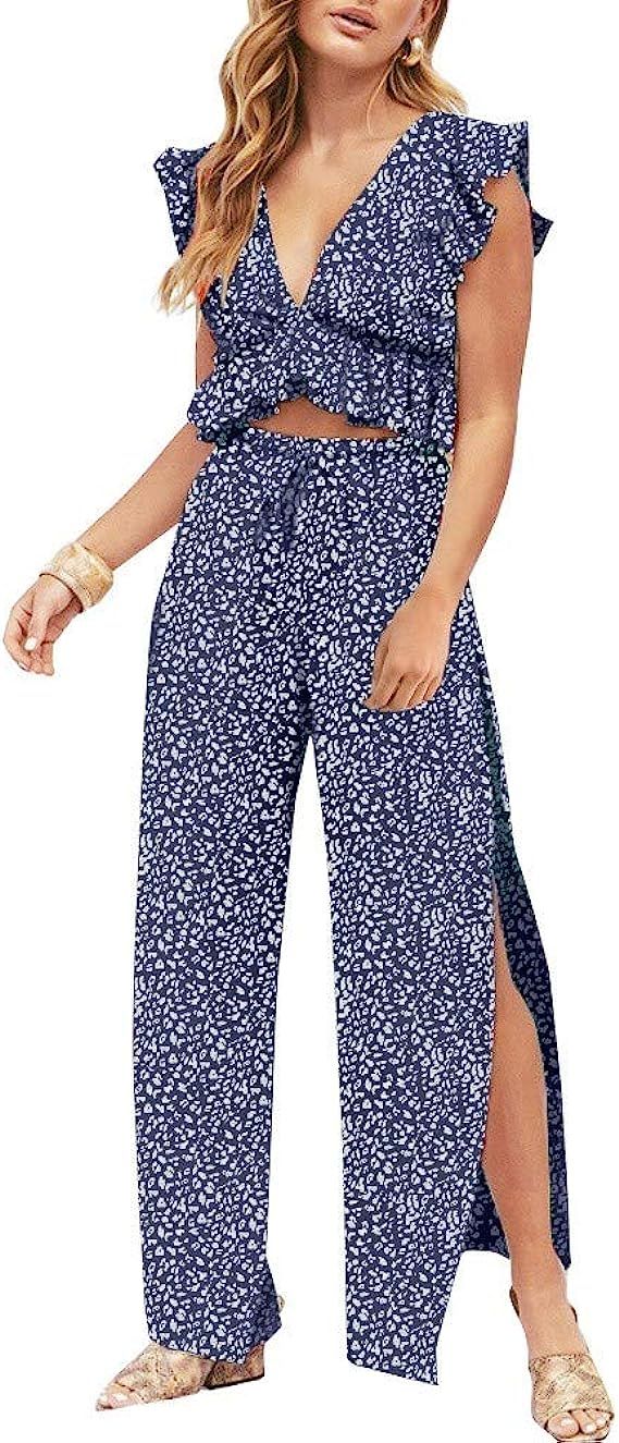 FANCYINN Womens 2 Pieces Outfits Deep V Neck Crop Top Side Slit Drawstring Wide Leg Pants Set Jum... | Amazon (US)