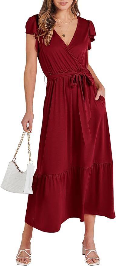 ANRABESS Women Summer Maxi Dress Casual Wrap V Neck Flutter Short Sleeve Belt A-Line Tiered Flowy... | Amazon (US)
