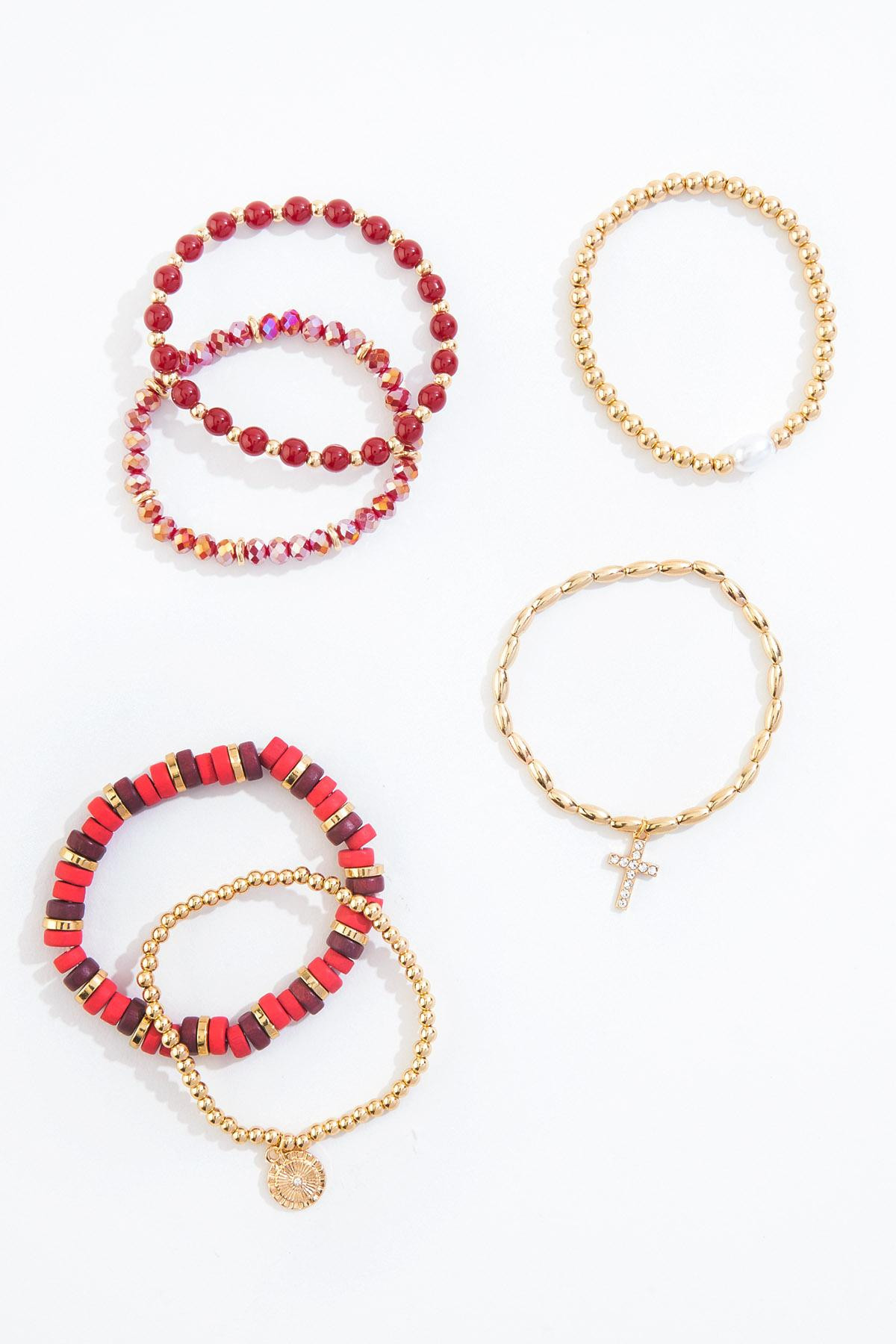 Gold Red Wood Beaded Cross Bracelet | Cato Fashions