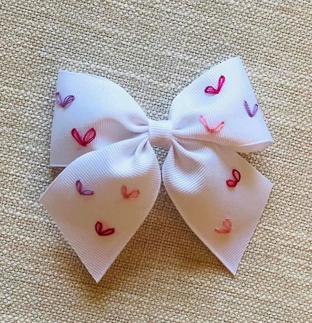 Hearts Hand Embroidered Bow (short tail) (after valentine's day delivery) | Lovely Little Things Boutique