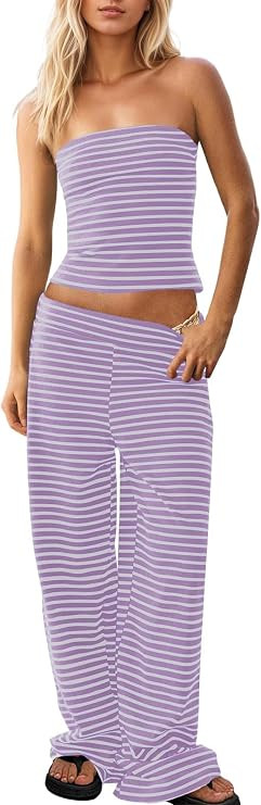 Womens Striped Two Piece Outfit Strapless Tube Top Wide Leg Pants Matching Set Summer Beach Vacat... | Amazon (US)