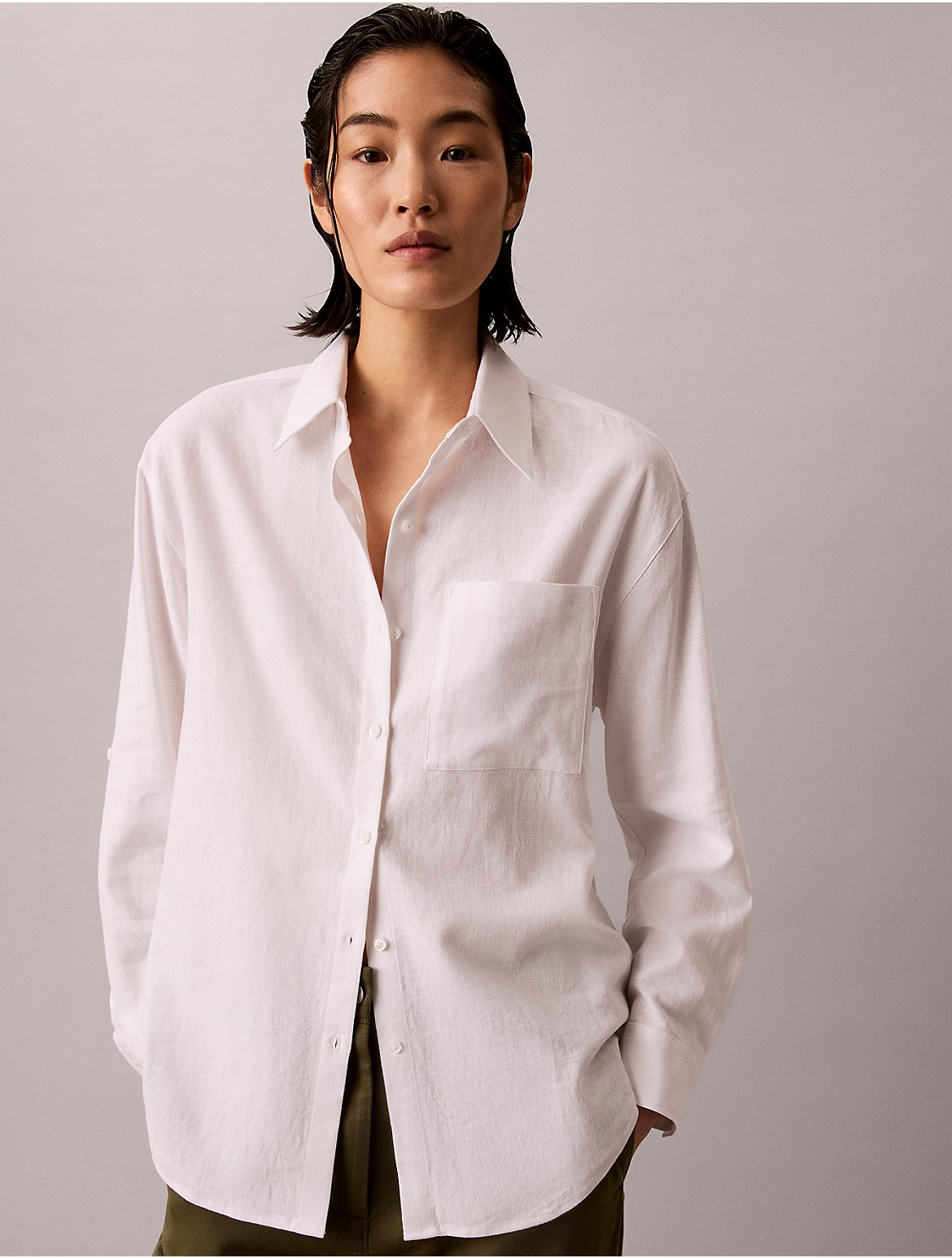 Calvin Klein Women's Linen Blend Relaxed Button-Down Shirt - Open White - S | Calvin Klein (US)
