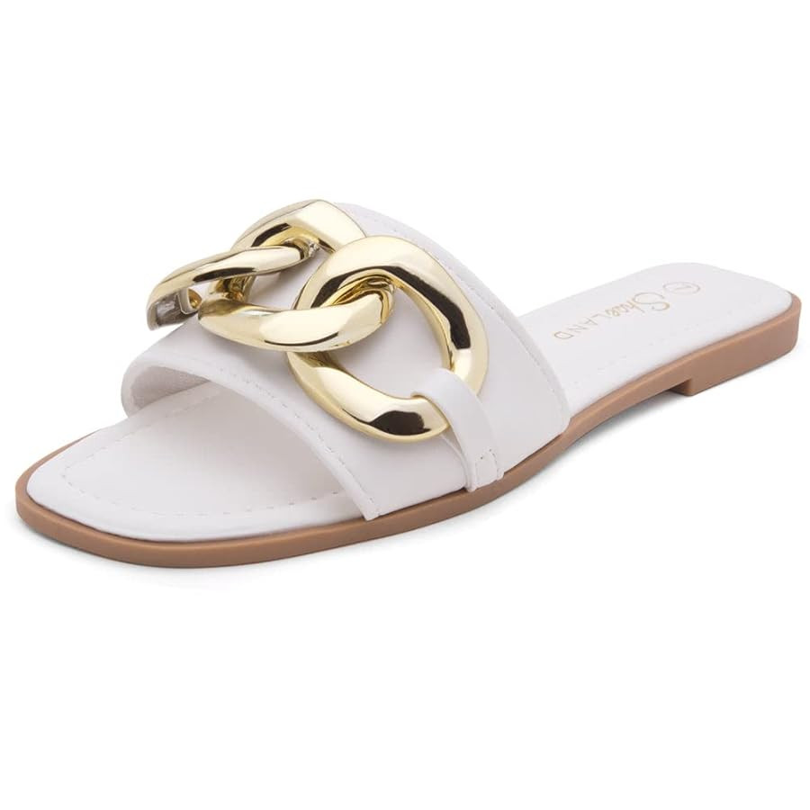Shoe Land Women's Flat Sandals - Square Open Toe Single Band Fashion Slides with Metal Chain Dres... | Amazon (US)