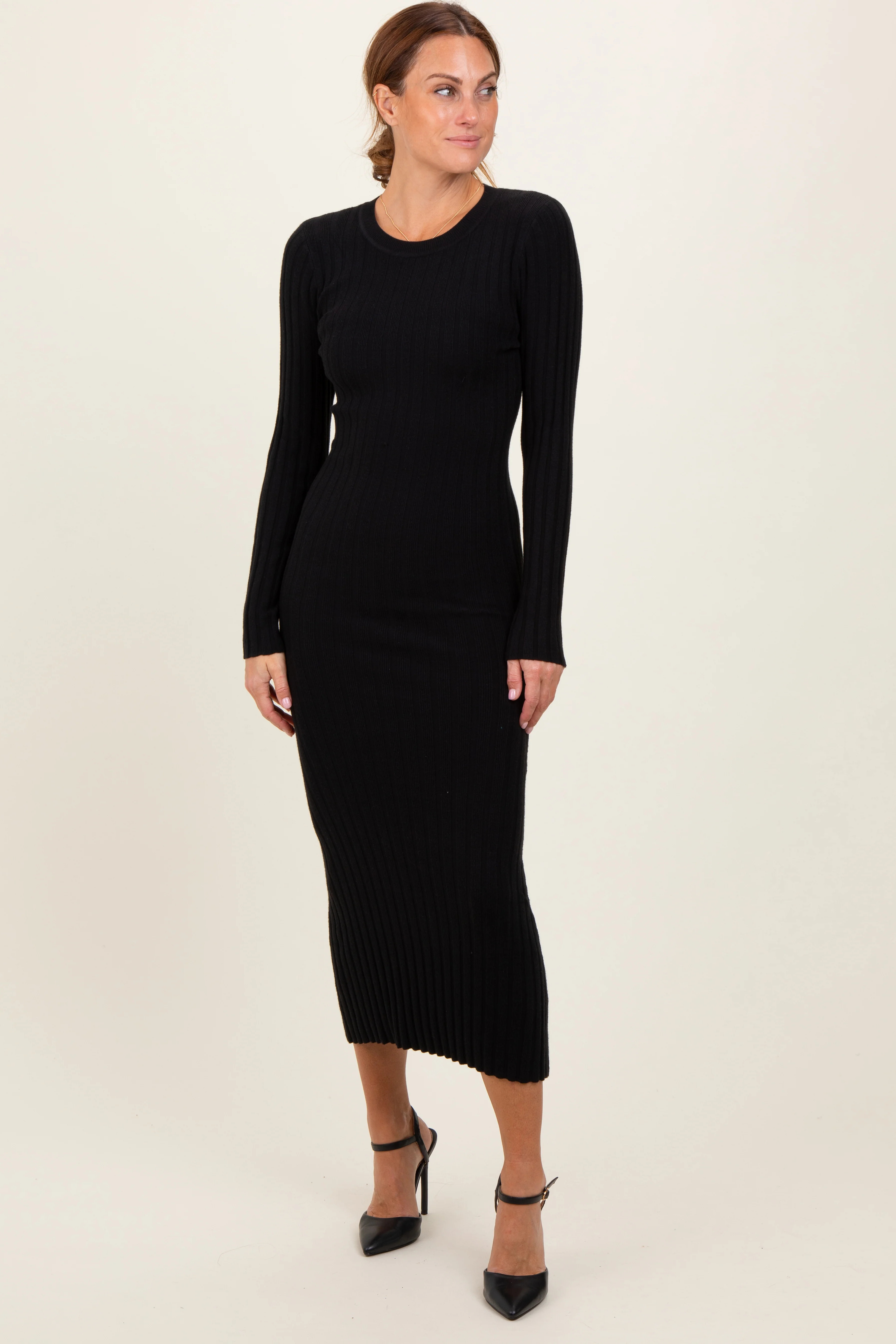 Black Ribbed Knit Fitted Midi Sweater Dress | PinkBlush Maternity