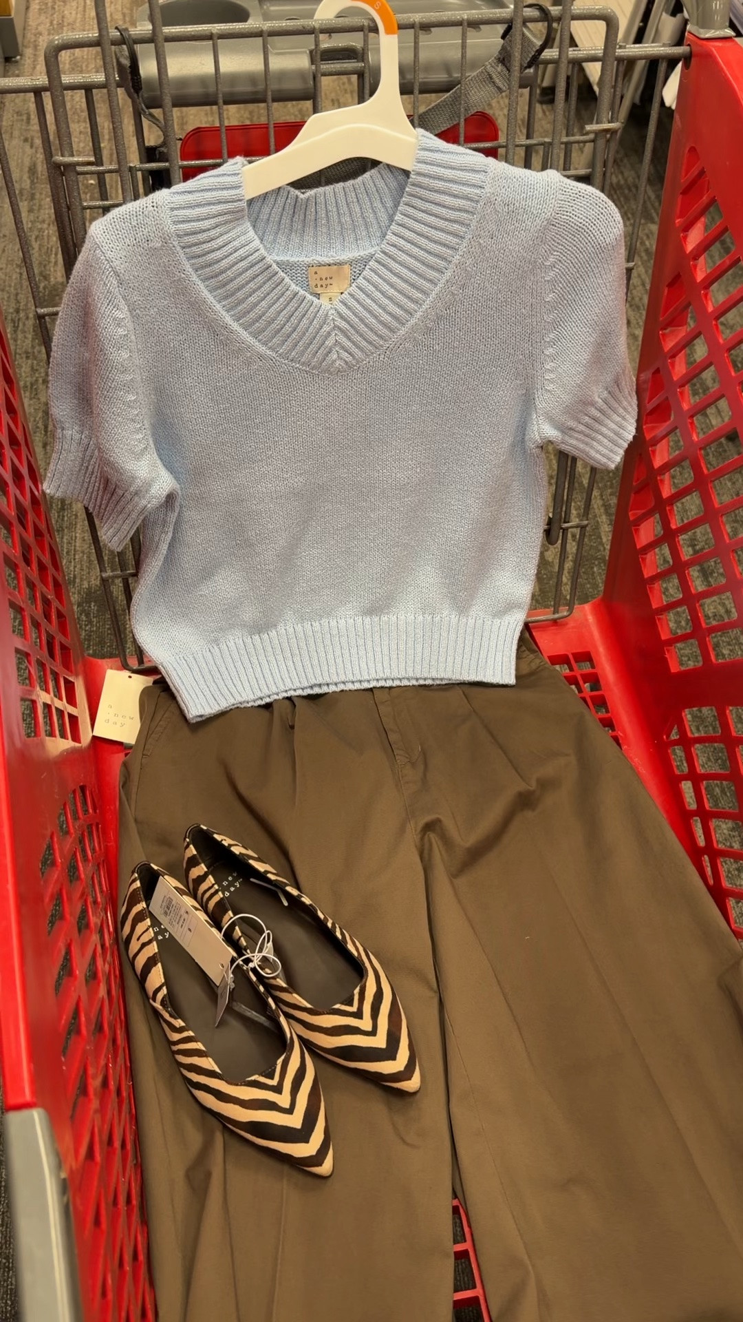 Target outfit idea with this short sleeve sweater top in baby blue, brown trouser pants and zebra print pointy toe flats. #targetstyle

#LTKootd #LTKWorkwear #LTKOver40