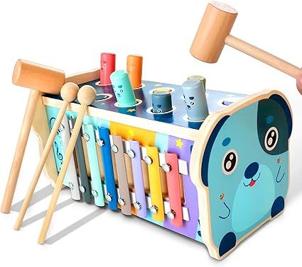 KIDWILL Wooden Hammering Pounding Toy, Pounding Bench, Number Sorting Maze, Xylophone Musical Toy... | Amazon (US)