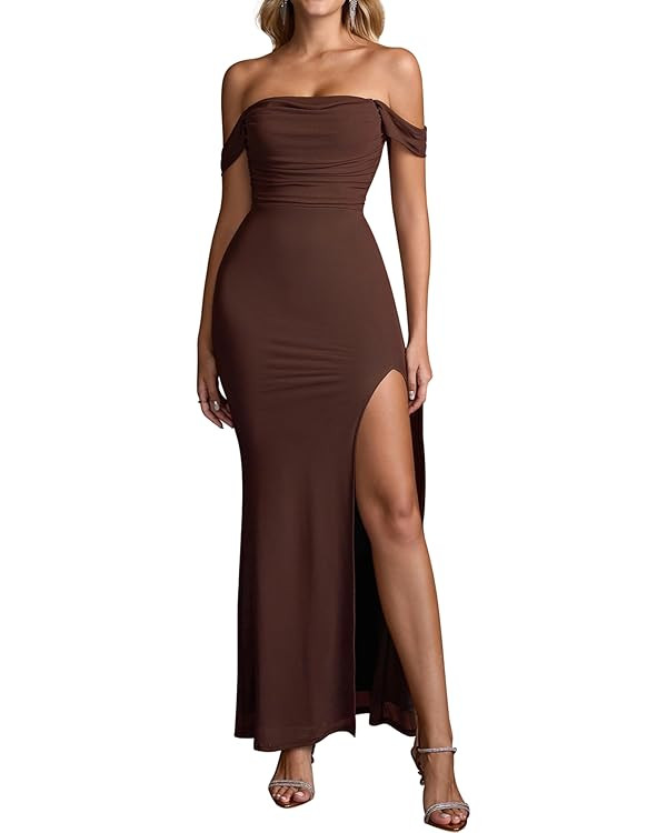KUTUMAI Off Shoulder Corset Long Formal Wedding Guest Dress 2026 Sexy High Split Floral Ruched Bo... | Amazon (US)