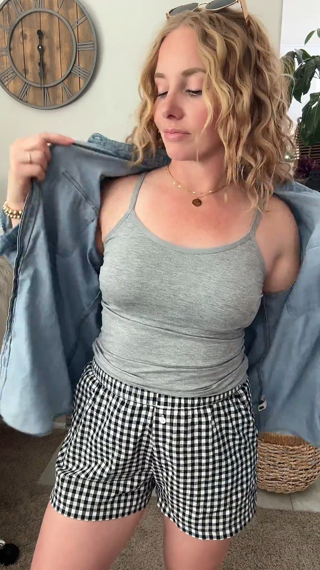 Grey tank top with built in bra, black and white gingham boxer shorts, chambray button down, crossbody bag, and adidas sneakers 






Amazon outfits every outfit inspo, outfit ideas, casual outfits amazon, amazon outfits every day, spring outfits 2026, summer outfits, casual mom outfit summer 

#LTKSaleAlert #LTKPetite #LTKootd