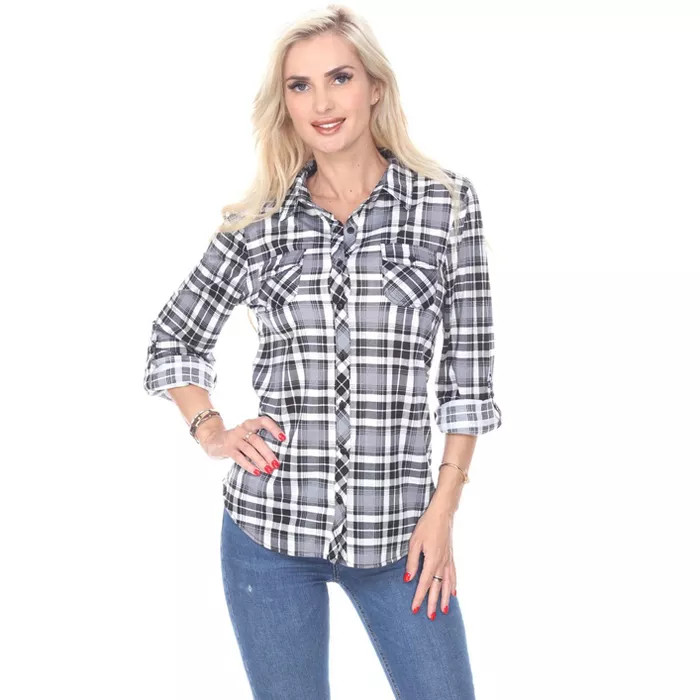 Women's Oakley Stretchy Plaid Tunic Top with Pockets - White Mark | Target