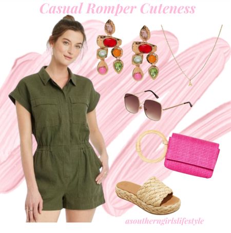 Super Cute New Target Linen Blend Romper in Olive Green (also comes in Coral Pink & Brown)

Paired with Resin Stone Earrings, Sunglasses, Initial Necklace & New Pink Bracelet Pouch & Woven Platforms

Spring Outfit. Summer Outfit. Vacation Outfit 

#LTKstyletip #LTKfindsunder50 #LTKSeasonal