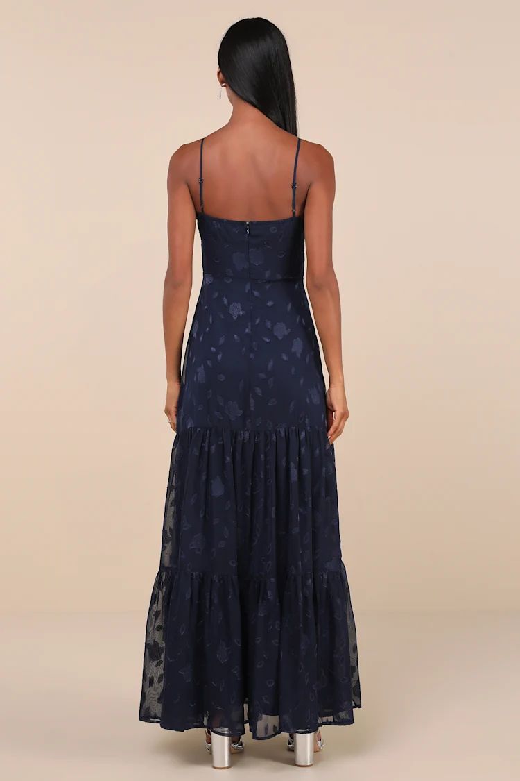 Poised Grace Navy Blue Burnout Floral Bustier Tiered Maxi Dress | Lulus