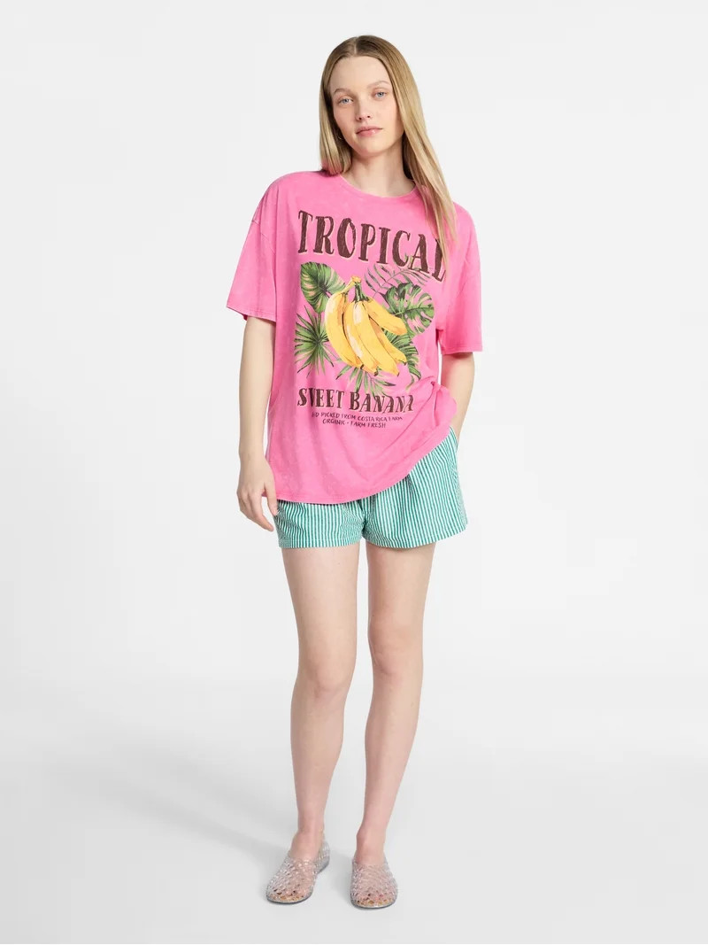 No Boundaries Graphic Oversized Boyfriend Tee, Women's XXS-XXL | Walmart (US)