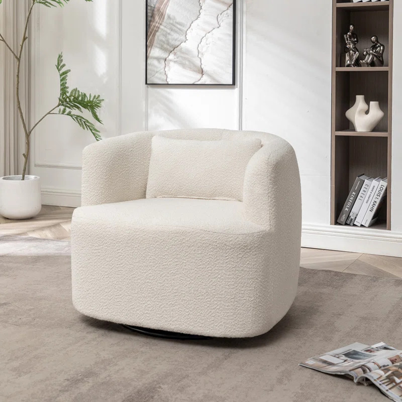 Jennaveve 29” Wide Boucle Upholstered Swivel Barrel Armchair with Pillow | Wayfair North America