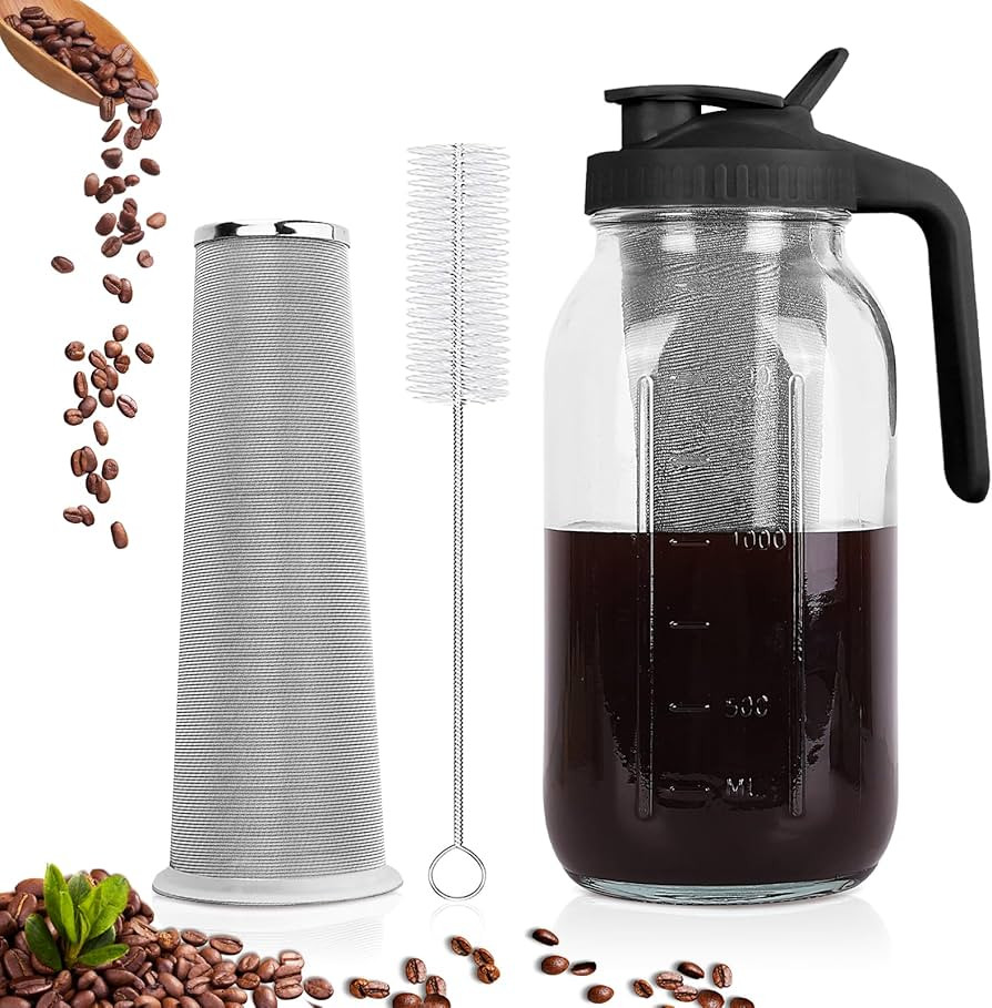 Cold Brew Coffee Maker,64 oz Mason Jar Pitcher with Stainless Steel Filter, Pour Spout Handle Lid... | Amazon (US)