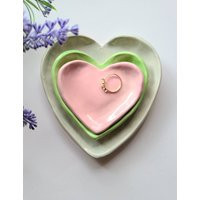 Ceramic Heart Shaped Dishes/ Soft Green Valentine Hearts/Green/Pink Gift Set/ Handmade Three Nesting Dishes/Jewelry Dish/Tea Holder Set | Etsy (US)