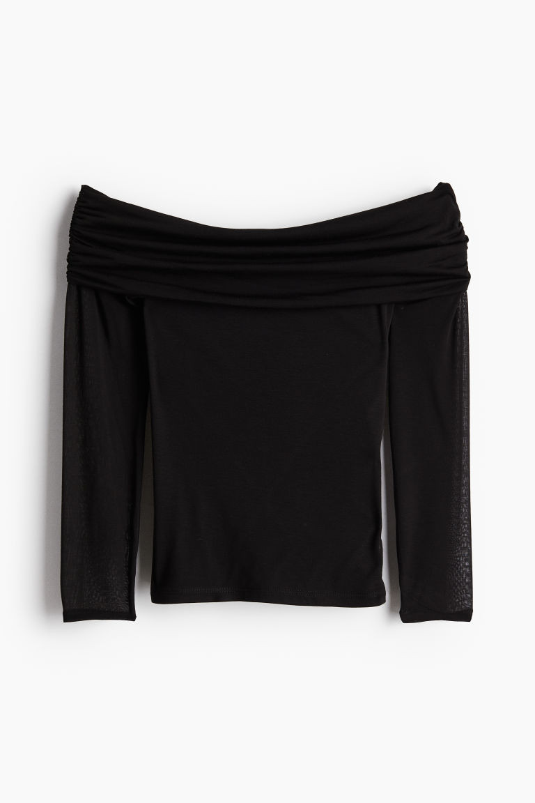H & M - Sheer off-the-shoulder top - Black | H&M (UK, MY, IN, SG, PH, TW, HK)