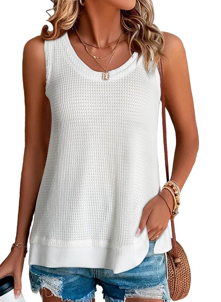 BLENCOT Women's Waffle Knit Summer Tank Top Casual Scoop Neck Sleeveless Loose Tunic Tops | Amazon (US)