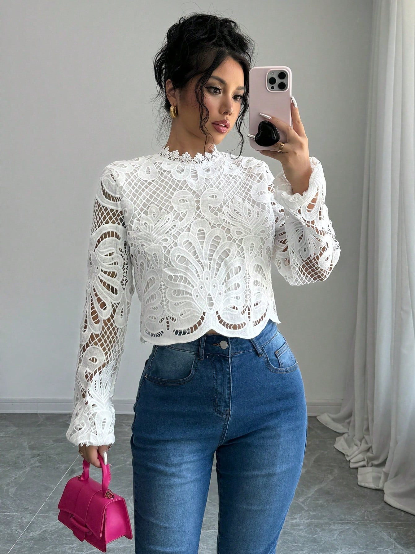 SHEIN Elenzya White Lace Long Sleeve Casual Shirt | SHEIN