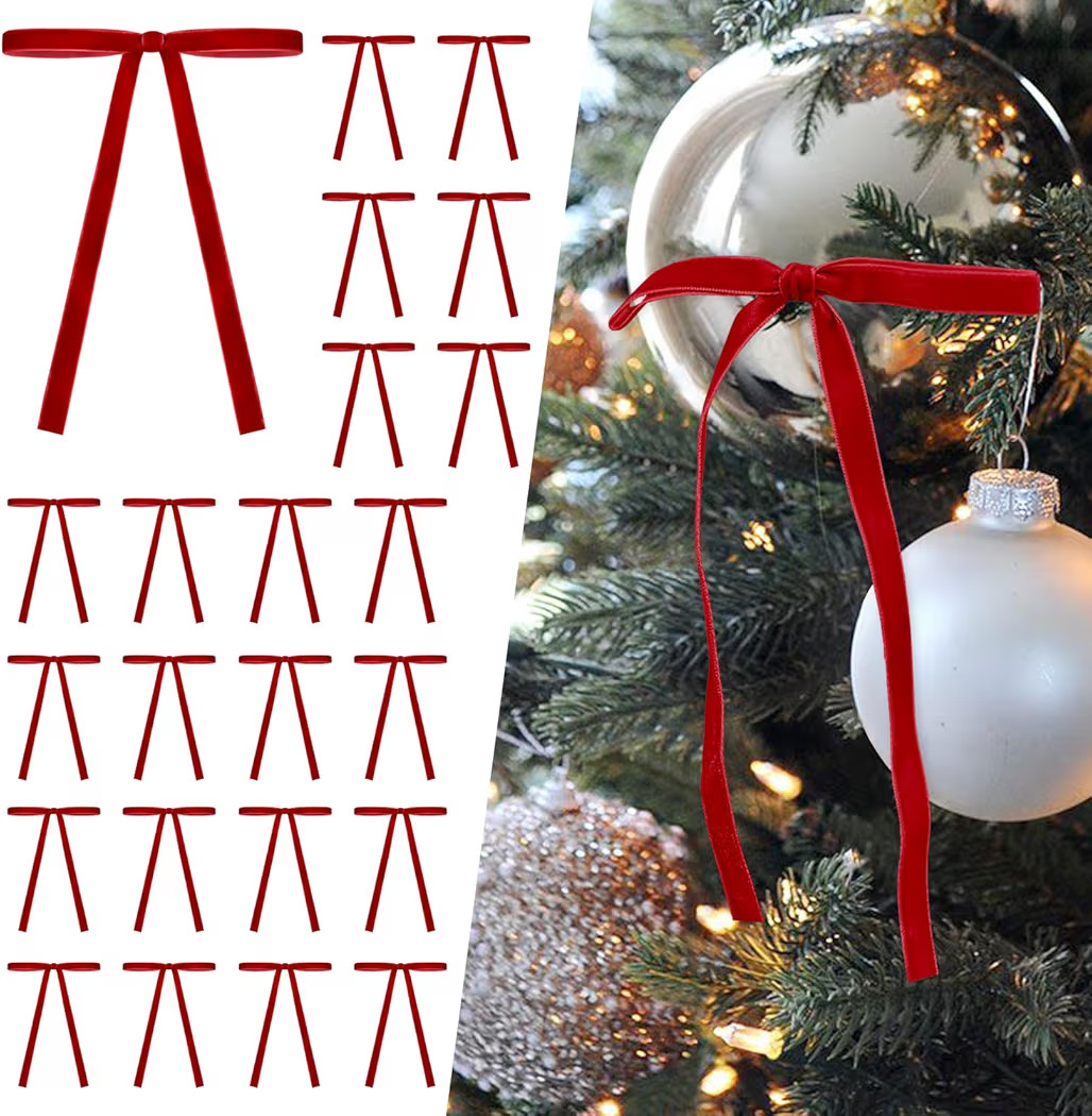 SIMISI RIBBON 24 Pcs Red Velvet Christmas Tree Bows Door Garland Decor Vintage Wreath Bow (3/8'' ... | Amazon (US)