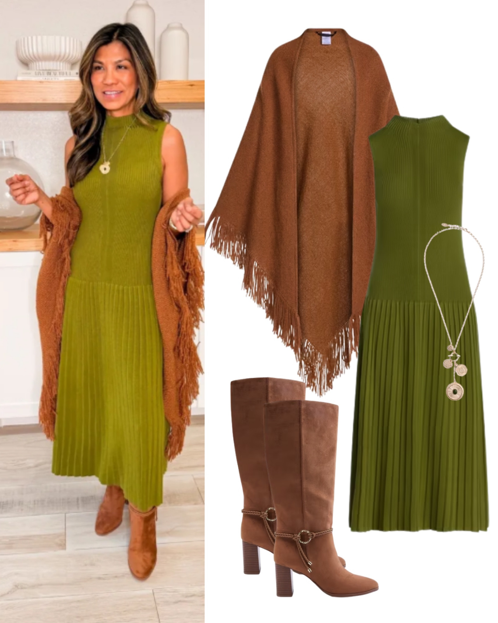 I’m 5’ 2” 118#ish for reference. This outfit is all Walmart, including the green sleeveless dress, shawl, faux suede tall boots, and gold necklace. 

Walmart fashion, affordable fashion, fashion over 40, over 50 style, fall outfit 

#LTKPetite #LTKootd #LTKOver40