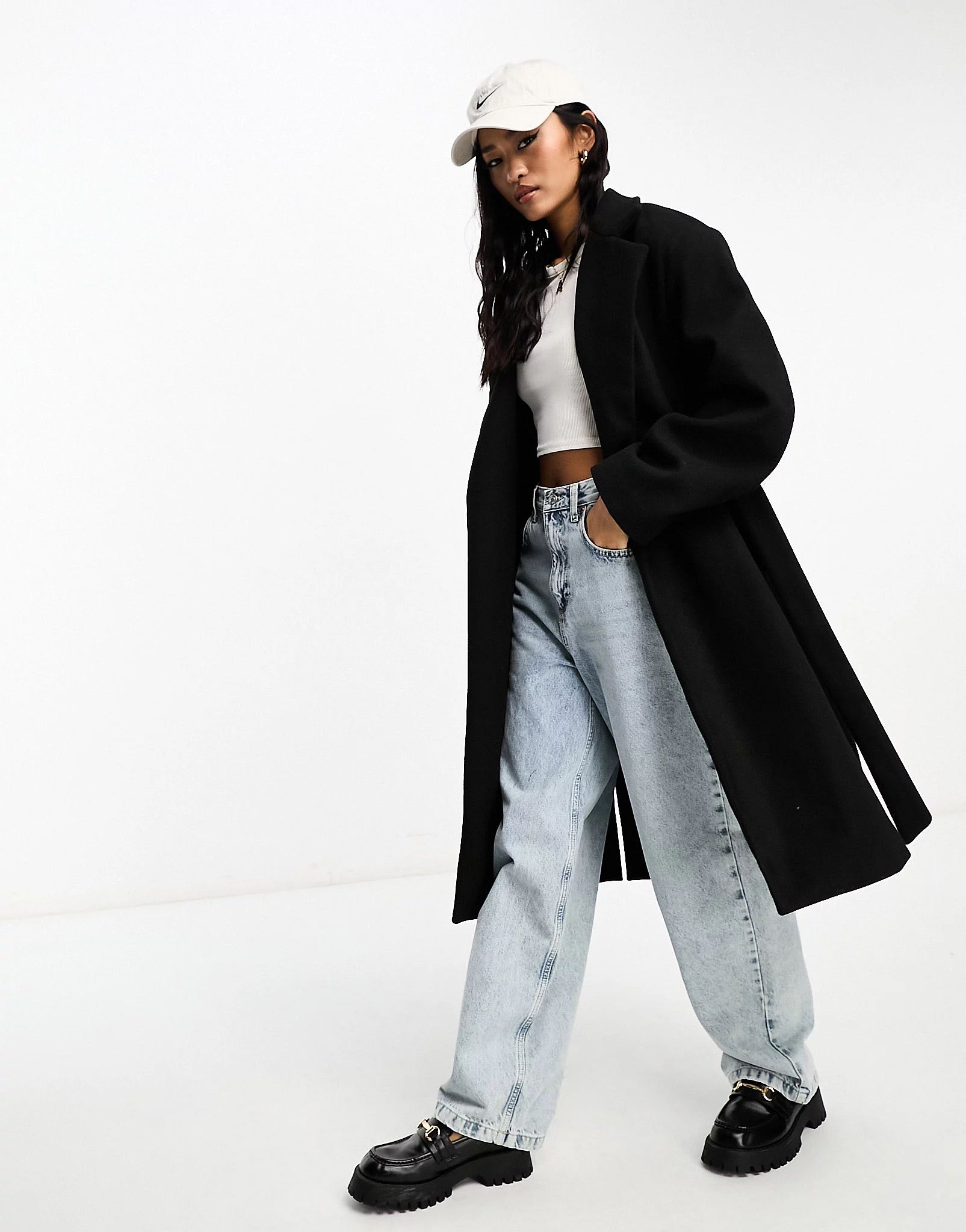 Pull&Bear wool belted tailored trench coat in black | ASOS (Global)