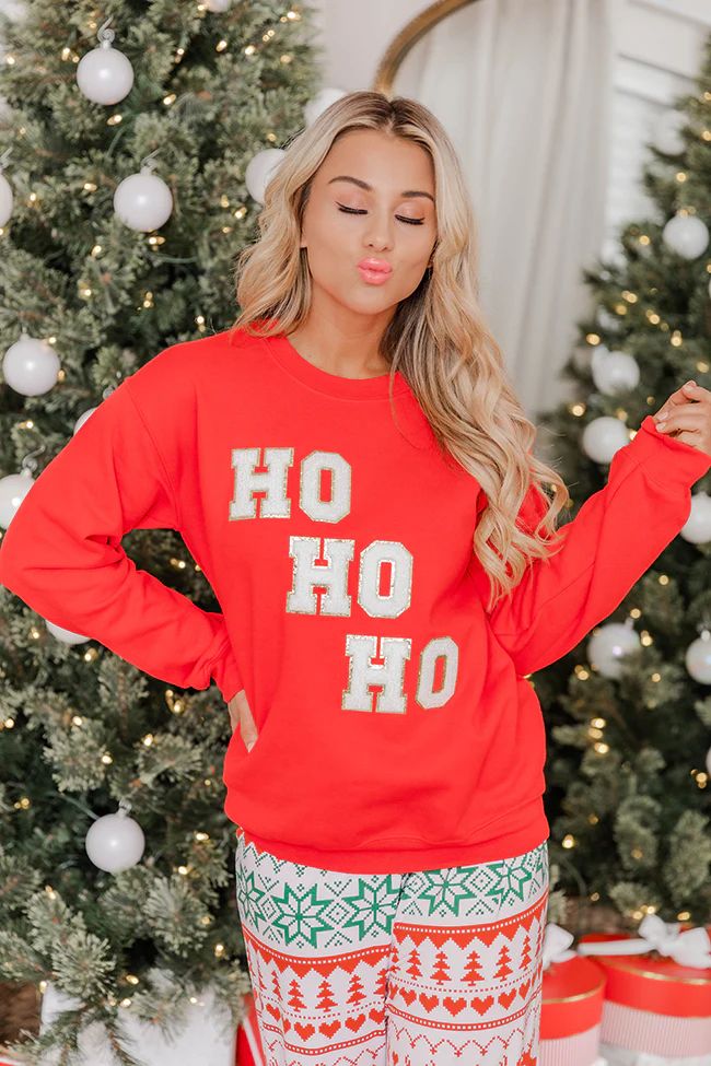 Ho Ho Ho Chenille Patch Graphic Sweatshirt | Pink Lily