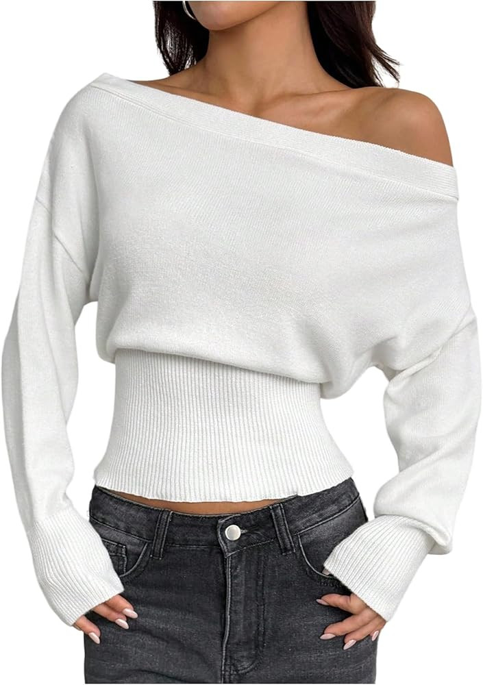 SHENHE Women's Off The Shoulder Sweater Lightweight Cinched Waist Fall Knit Sweater Pullover | Amazon (US)