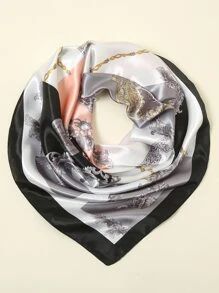 1pc 90cm Square Printed Scarf For Women, Satin Headscarf Suitable For Daily Wear | SHEIN