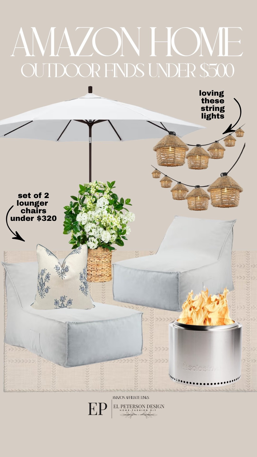 Amazon Home
Outdoor umbrella
String lights
Fire pit
Chaise lounger
Rug
Potted plants
Pillow 

#LTKHome