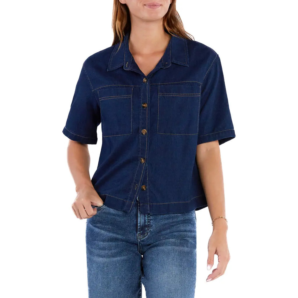 Wash Lab Denim Boxy Short Sleeve Denim Button-Up Shirt in Dark Indigo at Nordstrom, Size Small | Nordstrom