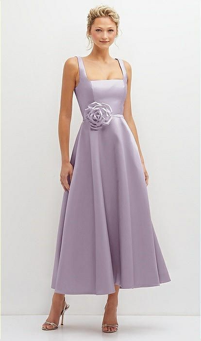 Square Neck Satin Midi Dress with Full Skirt & Flower Sash in Lilac Haze | The Dessy Group