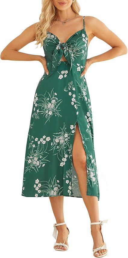 Fashionme Women Spaghetti Strap Midi Satin Dresses Tie Front Backless Split Hollow Dress | Amazon (US)