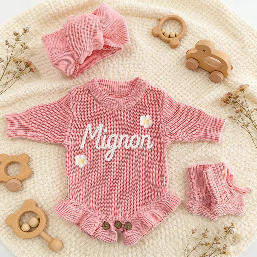 Custom Baby Name Knit Ruffle Romper, Baby Shower Gift, Hand Embroidered Name Baby Romper Set, Ruf... | Etsy (US)