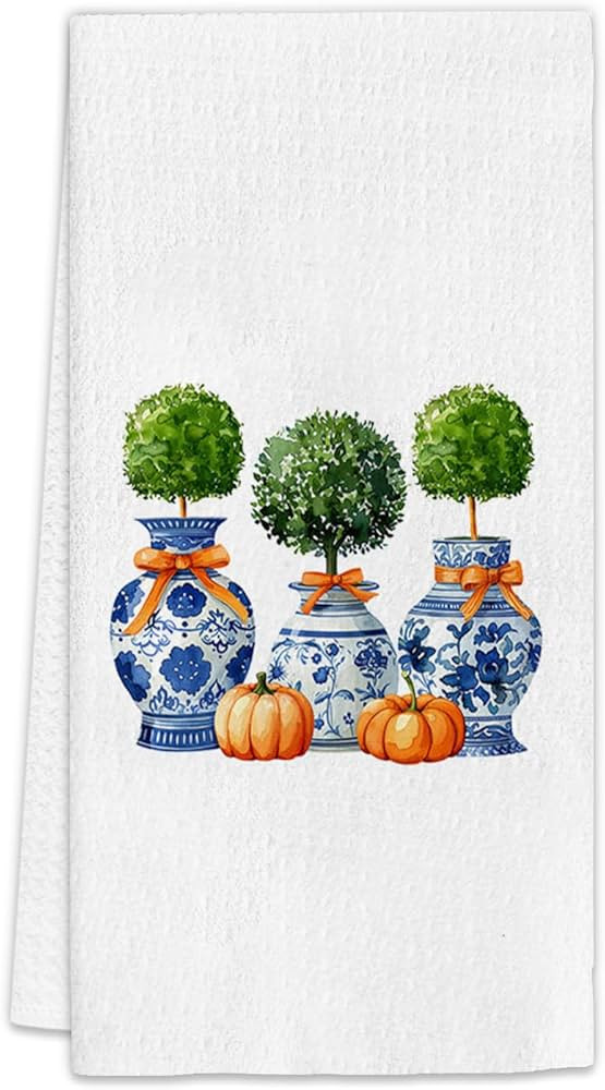Chinoiserie Fall Kitchen Towels, Blue and White Porcelain Pumpkin Decor Dish Towels, Topiary Tree... | Amazon (US)